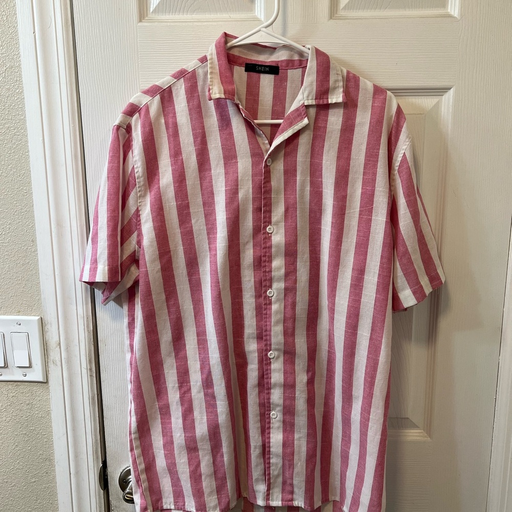 Men's Pink and White Striped Button-Up Shirt